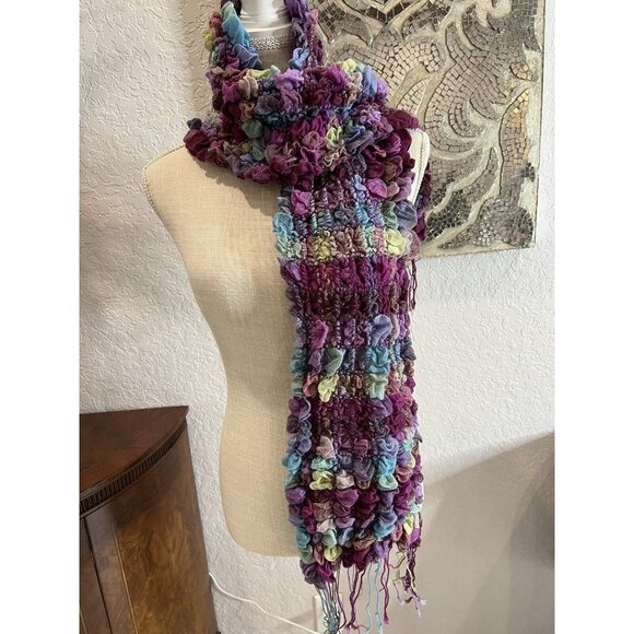 Handmade Multicolor Ruffled Knit Scarf With Fringe Cozy & Stylish - Picture 2 of 3